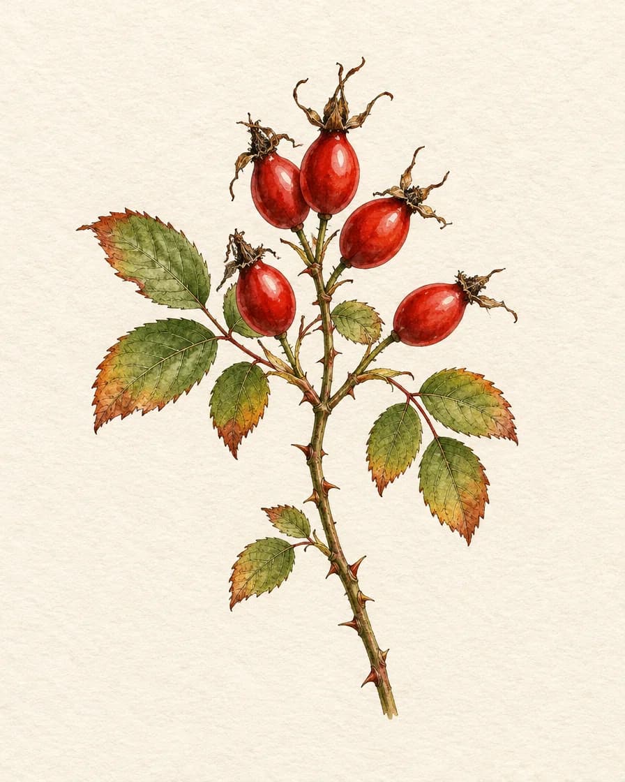 Watercolour-style illustration of a branch of wild rose hips on cream paper
