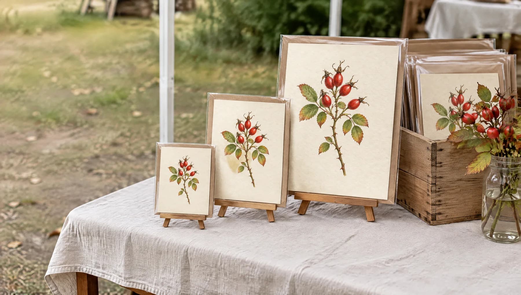 A market stall table showing the rose hip print in three sizes