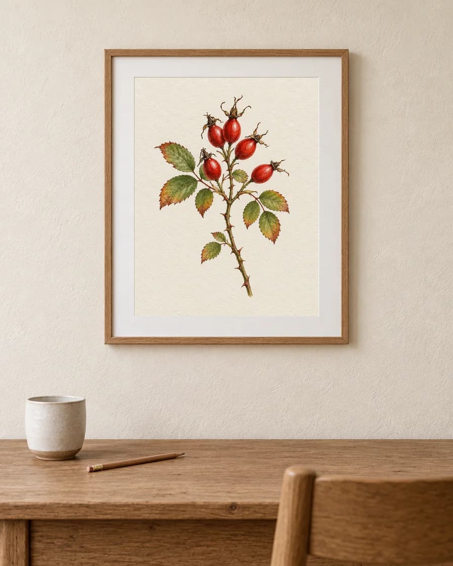 The print in a thin oak frame above a wooden desk